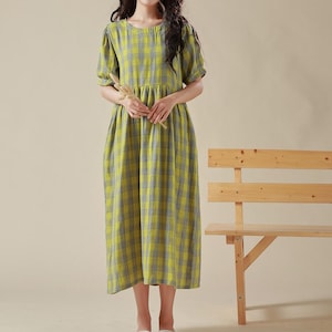 Summer Cozy Dress Plaid Dress Pure Muslin Cotton Short Sleeve Dress Midi Dress Soft Home-wear Double gauze Tunics Custom Plus Size Dress