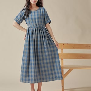 Summer Cozy Dress Plaid Dress Pure Muslin Cotton Short Sleeve Dress Midi Dress Soft Home-wear Double gauze Tunics Custom Plus Size Dress