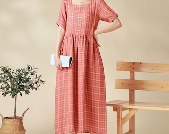 Summer Small Gingham Dress Plaid Dress Muslin Cotton Organic Short Sleeve Midi Dress Soft Home-wear Double Gauze Cozy Dress Plus Size Dress