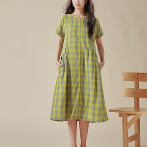 Summer Cozy Dress Plaid Dress Pure Muslin Cotton Short Sleeve Dress Midi Dress Soft Home-wear Double gauze Tunics Custom Plus Size Dress