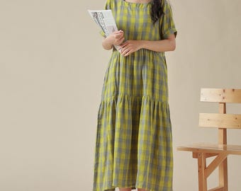 Summer Layered Dress Plaid Dress Pure Muslin Cotton Short Sleeve Dress Midi Dress Soft Home-wear Double gauze Tunics Custom Plus Size Dress
