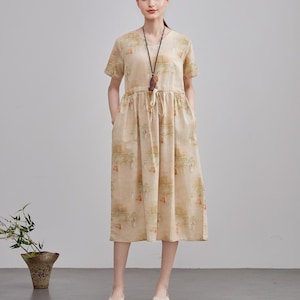 Summer Printed Cotton Dress Floral Short Sleeve Midi Dress Soft Homewear Customize Plus Dress Original printing dyeing, personalized pattern