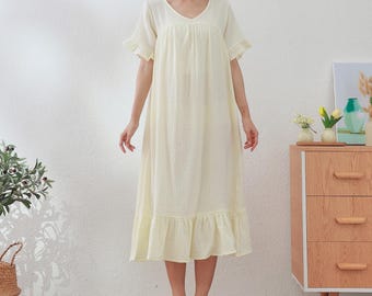 Muslin Organic Cotton Dress Summer Short Sleeve Midi Dress Soft Lightweight Gauze Homewear 100% Natural Cotton Dress Customized Plus Clothes