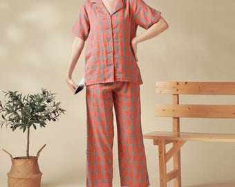 Summer Natural Cotton muslin plaid pajamas Double gauze pajama set short-sleeved Top with Long Pant Custom Plus size home-wear Sleepwear