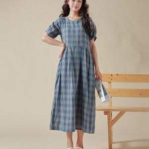 Summer Cozy Dress Plaid Dress Pure Muslin Cotton Short Sleeve Dress Midi Dress Soft Home-wear Double gauze Tunics Custom Plus Size Dress