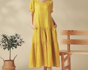 Summer Small Gingham Dress Plaid Dress Muslin Cotton Layered Dress Short Sleeve Midi Dress Soft Home-wear Double Gauze Dress Plus Size Dress