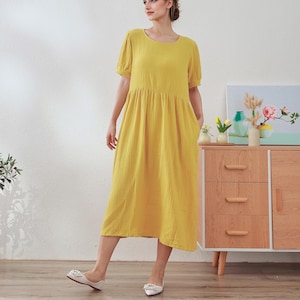 Muslin Organic Cotton Dress Summer Short Sleeve Midi Dress Soft Lightweight Gauze Homewear 100% Natural Cotton Dress Customized Plus Clothes