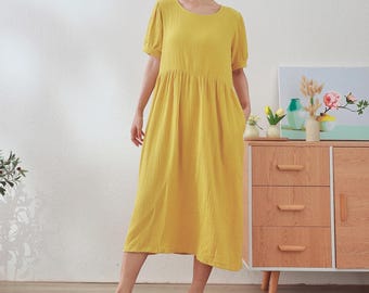 Muslin Organic Cotton Dress Summer Short Sleeve Midi Dress Soft Lightweight Gauze Homewear 100% Natural Cotton Dress Customized Plus Clothes