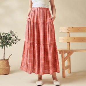 Summer Layered skirt Plaid Muslin Elastic waist long skirt Cozy cotton a-line Maxi skirts custom plus skirts soft Double gauze home wear