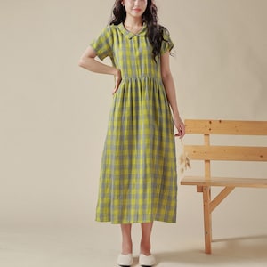 Summer Cozy Dress Plaid Dress Pure Muslin Cotton Short Sleeve Dress Midi Dress Soft Home-wear Double gauze Tunics Custom Plus Size Dress