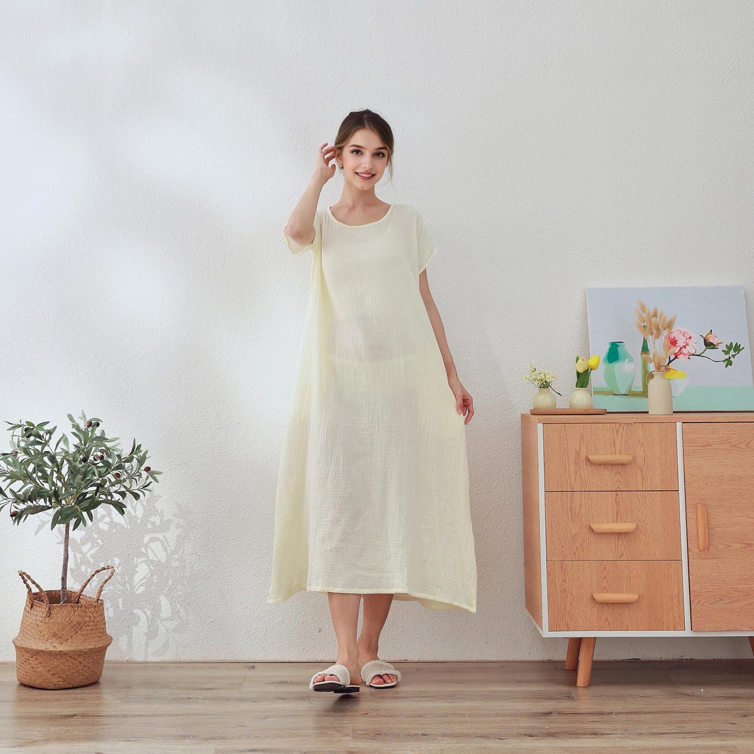 Muslin Organic Cotton Dress Summer Short Sleeve Midi Dress Soft Lightweight  Gauze Homewear 100% Natural Cotton Dress Customized Plus Clothes - Etsy