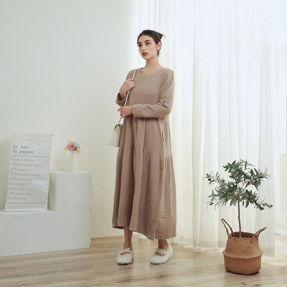 long sleeve muslin dress Winter Heavier Muslin Dress Three-Layer Soft Cotton Fall Warm Thicker Homewear Long Sleeves Dresses Outwear Tailored Plus Size 3-7XL Garment