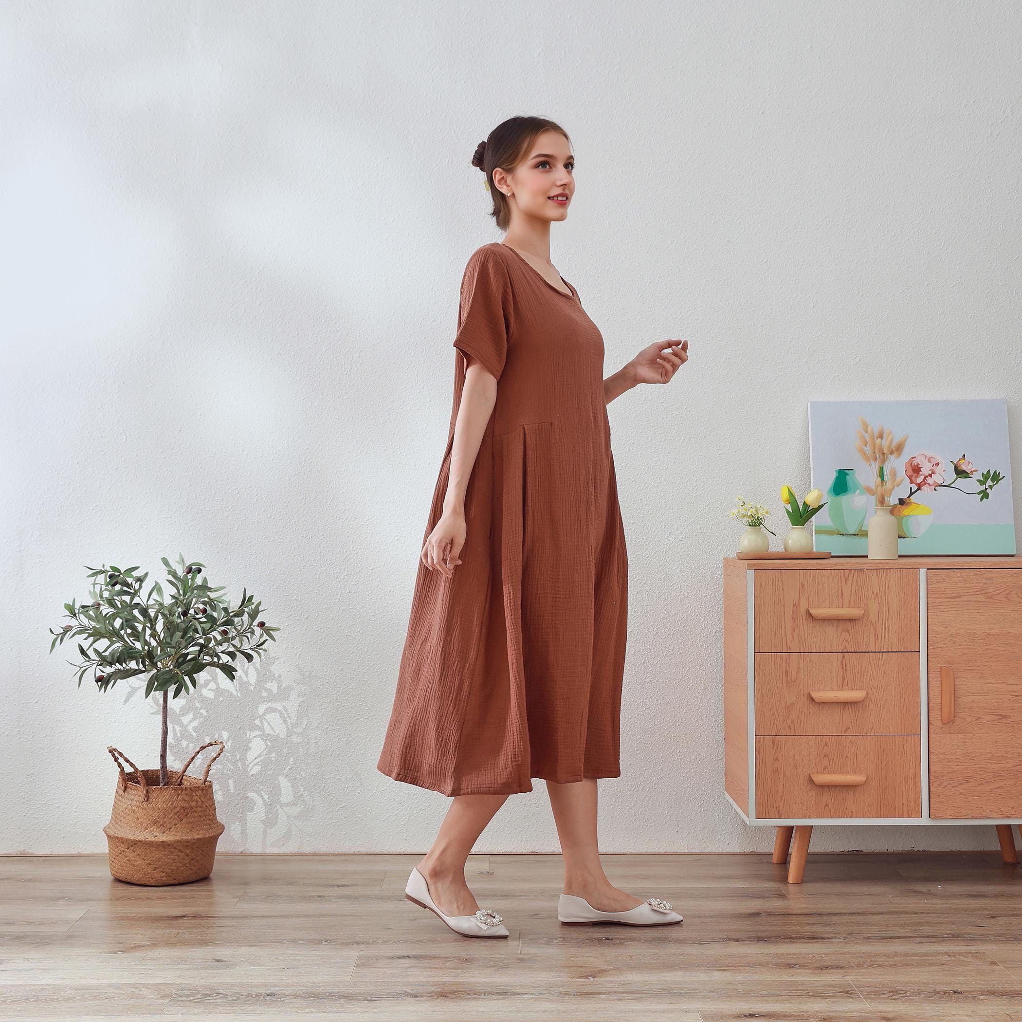Muslin Organic Cotton Dress Summer Short Sleeve Midi Dress Soft Lightweight  Gauze Homewear 100% Natural Cotton Dress Customized Plus Clothes - Etsy