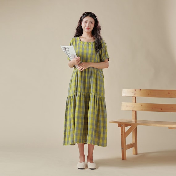 Summer Layered Dress Plaid Dress Pure Muslin Cotton Short Sleeve Dress Midi Dress Soft Home-wear Double gauze Tunics Custom Plus Size Dress