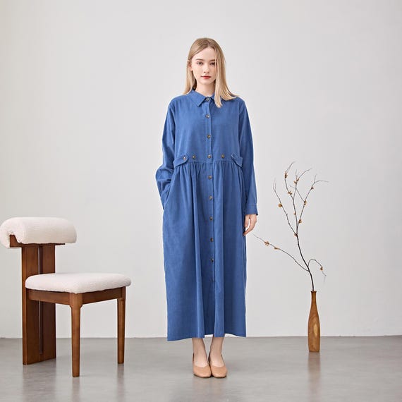 Thick Cotton Corduroy Dress Long Sleeves Tunics Dress Loose Warm Dress Customized Shirt Midi Dress Hand Made Plus Winter/fall Corduroy Robe