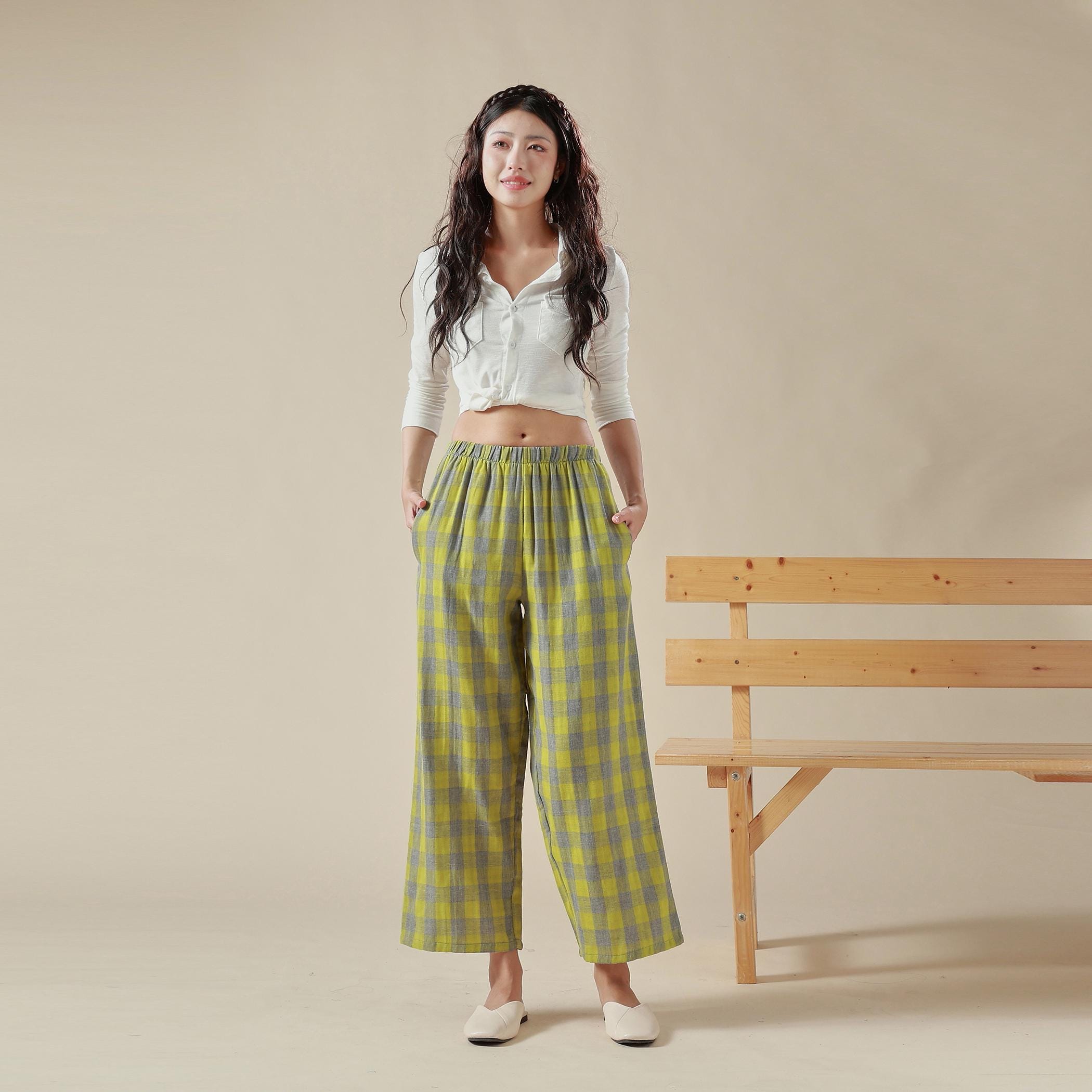 Spring Summer Pant Plaid Muslin Elastic Waist Long Pant Wide