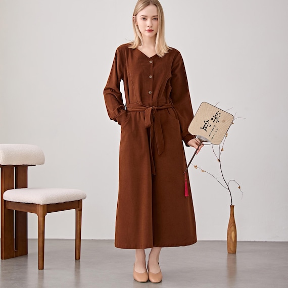 Thick Cotton Corduroy Dress Long Sleeves Tunics Dress Loose Warm Dress Customized Shirt Midi Dress Hand Made Plus Winter/Fall Corduroy Robe