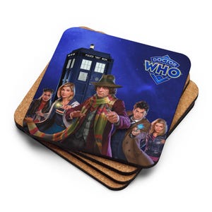 May include: A set of four square coasters with a Doctor Who theme. The coasters show images of the Doctor and companions in front of the TARDIS. The Doctor Who logo is displayed on a blue background.
