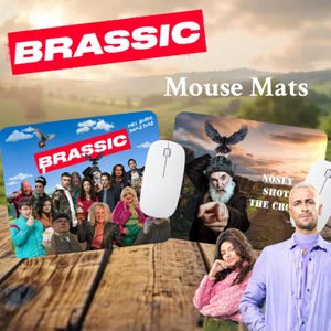 May include: Two rectangular mouse mats featuring Brassic television show imagery. One mat displays a group cast photo with the red Brassic logo, while the other shows a bearded man pointing and a crow, with the text Nosey Shot The Crow.