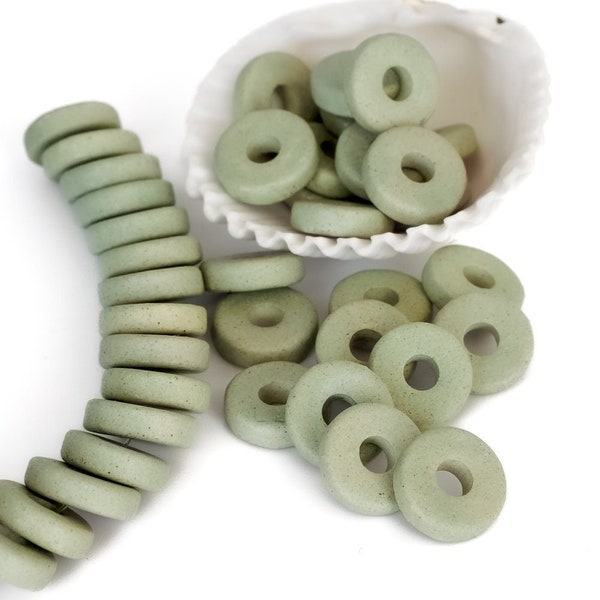 25%OFF, 8mm ceramic washer beads, sage pastel celadon tea green, Round Spacers, Mykonos beads, Flat Washers Disk, Greek beads - pick qty