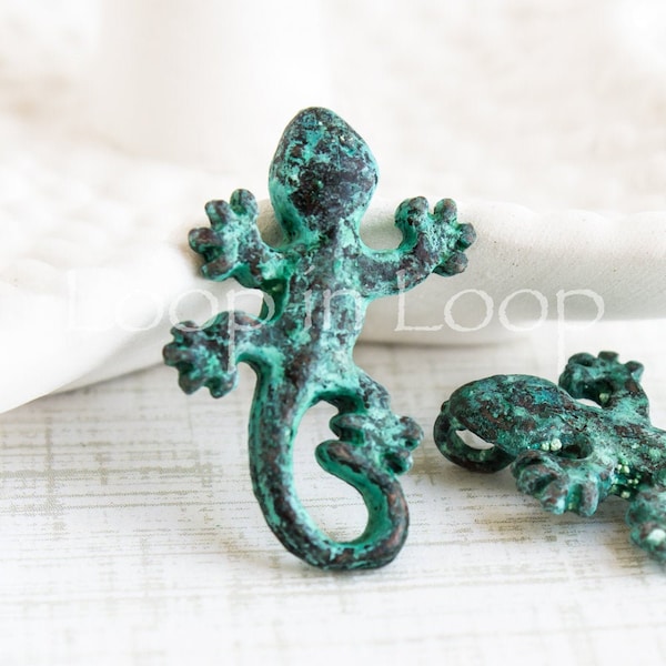 10%OFF, Gecko pendant , Green Patina Lizard charm, Mykonos Greek metal cast, verdigris copper, Boho Native Tribal, jewelry making - pick qty