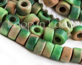 25%OFF, 4x6mm Mykonos ceramic beads, distressed malachite green brown, Rustic mini tube bead, mixed color for leather Jewelry Making, 6X4mm