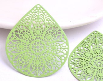 10%OFF Filigree Earring charms Spring green Connector, Large Laser Cut Teardrop Charm oval Metal Pendant European feather light -pick qty