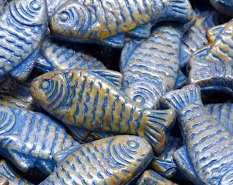 Cuentas de cristal checo en forma de pez, mezcla Picasso con lavado azul, doble cara, 1 pulgada, 25 mm, 2/6/12 piezas