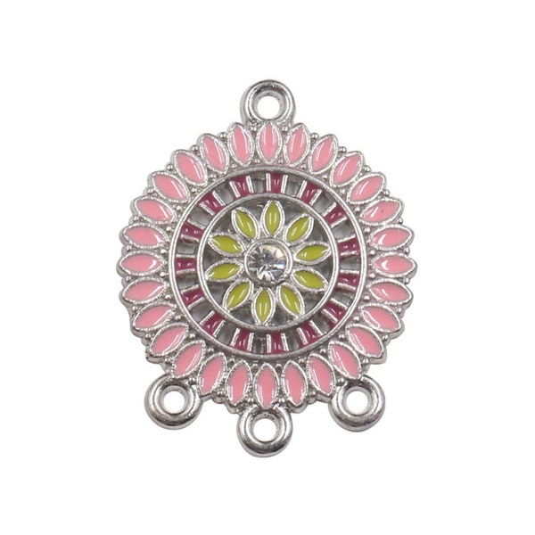10%OFF Pink Enamel connector pendant, flower mandala, Silver plated brass Hoop with 3 charm Loops, yellow and rhinestone center