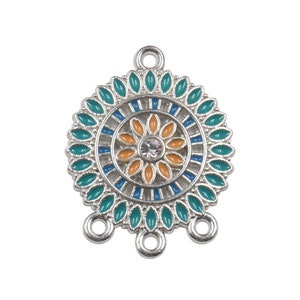 10%OFF, Turquoise Enamel connector, pendant, flower mandala, Silver plated brass, Hoop, w 3 charm Loops, blue orange and rhinestone center