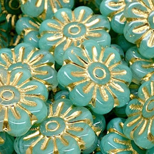 18mm Daisy Flower Bead, Czech Glass, Sea foam opaline green with Gold wash, for jewelry making, double sided, 6pcs