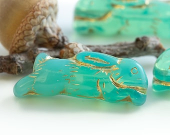 NEW, Handmade Glass Bunny beads, Aqua Mint Opaline, Gold Wash, 1 inch Rabbit Bead, UV Reactive, (2, 6, or 20 pcs)