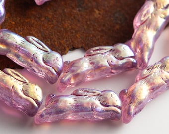 NEW, Handmade Glass Bunny Beads, Translucent Pink AB Wash, 1 inch Rabbit Charm, (2, 6, or 20 pcs)