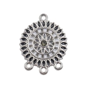 10%OFF, Black / white Enamel connector pendant, flower mandala, Silver plated brass, Hoop with 3 charm Loops, rhinestone center