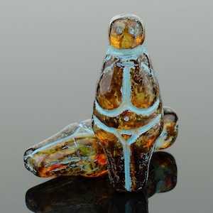 Czech glass Goddess beads, Mother Earth spiritual fertility figure, Honey Picasso with Turquoise Wash, for jewelry making, 25x10mm -6pcs
