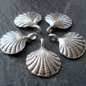 May include: Five silver-toned metal seashell charms with a loop for attaching to jewelry or other crafts.