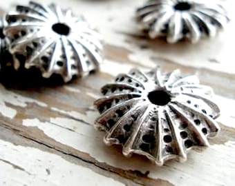 10%OFF Sea Urchin Bead, Antique Silver Flat urchin Metal disk, Nautical Beach Beads, Greek Mykonos Casting Double Sided 19mm