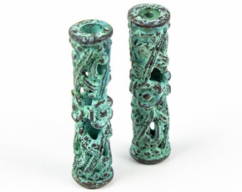 30mm Large Tube Beads, Mykonos Green Patina Slider beads, boho ornate filigree barrel beads, for jewelry making ,made in Greece, pick qty