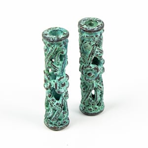 30mm Large Tube Beads, Mykonos Green Patina, openwork floral barrel, boho Slider beads, for jewelry making, made in Greece, 3 or 6pcs