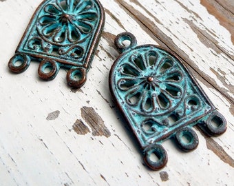 10%OFF Mykonos Connector, Arched Earring connectors, Green Patina, 3 hole Greek Boho Connector, end bars, jewelry making supply -2 or 8pcs