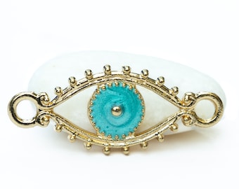 10%OFF Blue Evil Eye connector charm, friendship bracelet, Gold enamel Seeing eye bohemian rustic pendant amulet protection charm (pick qty)