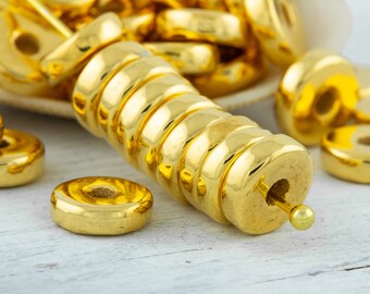 10%OFF, 8mm Gold Ceramic washers, Mykonos Greek beads, Round metalized Beads, 24K Gold washers, Disc Spacer, for 3mm leather, Jewelry making