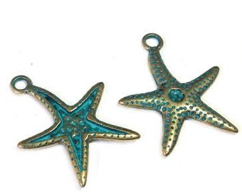 10%OFF, Starfish Pendant, Green Patina over Brass, Greek Metal Casting, Sea Star fish Charm, DIY jewelry making, 30mm TH296 - 2pcs