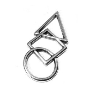 May include: A silver key chain with a circle, square, and triangle design.