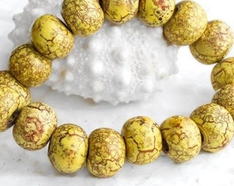 14-16mm Round Ceramic Beads, Crackle brown Yellow Glazed Ball, mosaic Organic rounds, jewelry making, boho rustic supplies - 2/10pcs