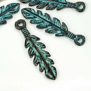 Mykonos Leafy Feather Charms, Copper Green Patina, 7X26mm, Greek Metal Charm, Native, Indian, Tribal Pendant,  2/10pcs