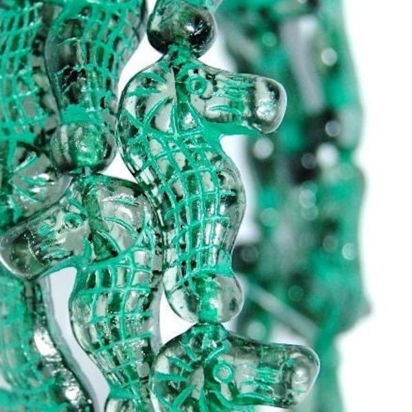 Czech glass seahorse beads, beach jewelry making, clear aqua with green patina Wash, Sea Creature Beads, 28mm X 18mm - pick qty