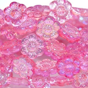 14mm Glass Anemone Flower Beads, wild rose, Premium pressed Czech glass, soft pink Aurora Borealis, for jewelry making, 10pcs