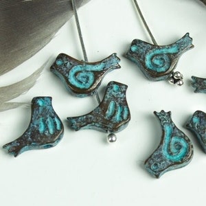 Copper Green Patina, Birdie Bead, Mykonos beads, for jewelry making, 5/8 inch, Greek bird charm, 13mm, (2, 4, or 10 pcs)