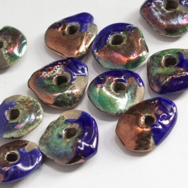 10%OFF, Ceramic Raku cornflake Beads, Midnight cobalt blue copper turquoise nugget spacer Chips, 20mm 22mm medium irregular washer, -2pc